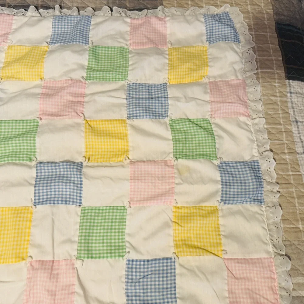 Vintage Baby Blanket Square Crib Toddler Bed Quilted Blue Multicolor Patchwork